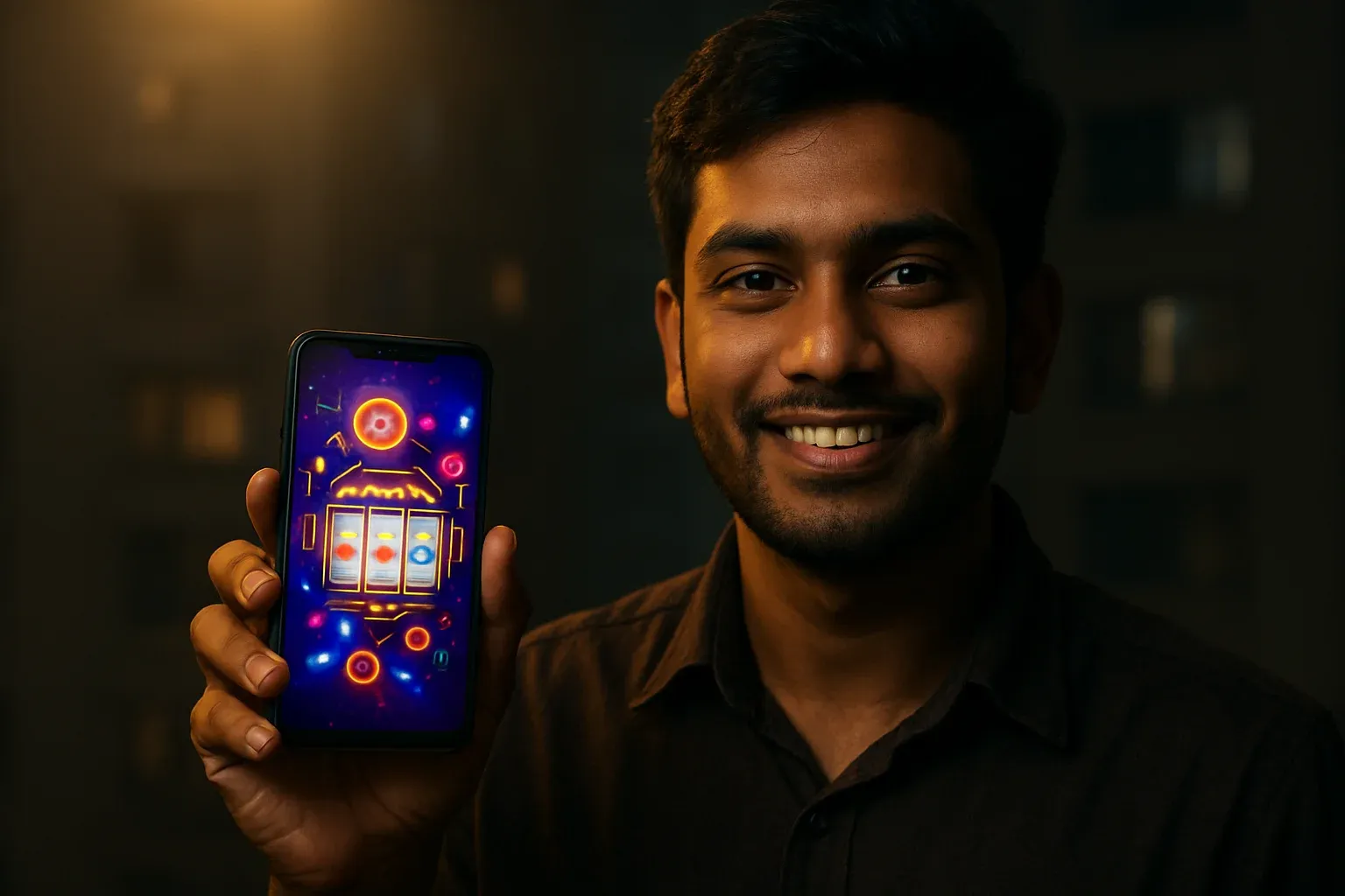 Young Bangladeshi man holding smartphone showing colorful mobile casino app interface