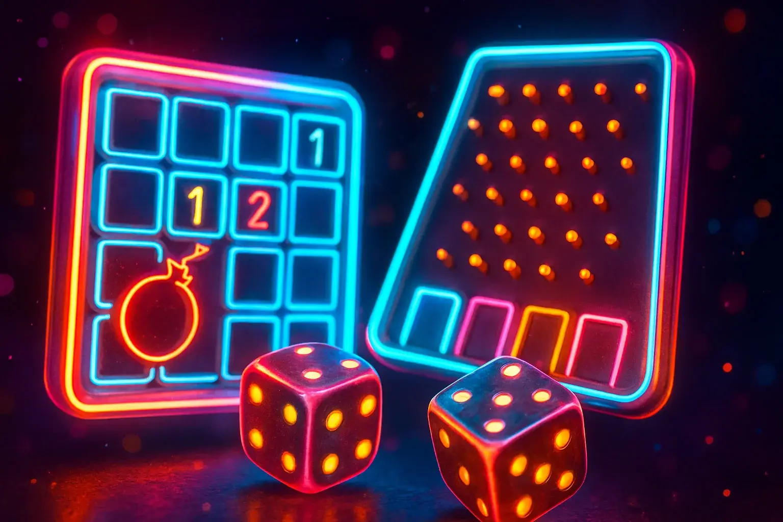 Colorful neon arcade game icons glowing on a dark playful background