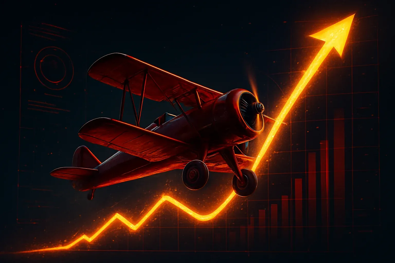 Stylized red aviator plane soaring upward with glowing multiplier trail
