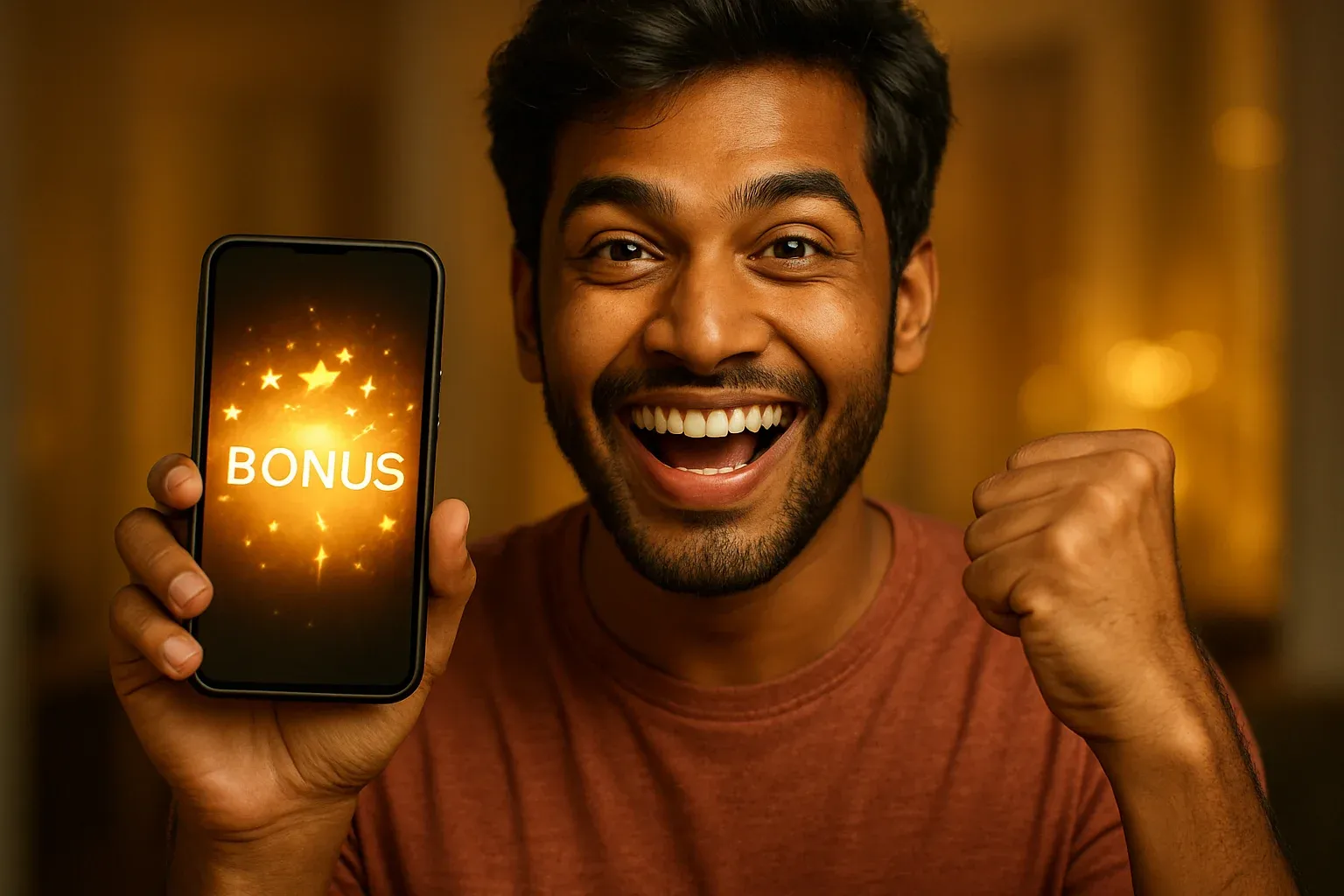 Joyful Bangladeshi man holding smartphone with glowing bonus notification celebration