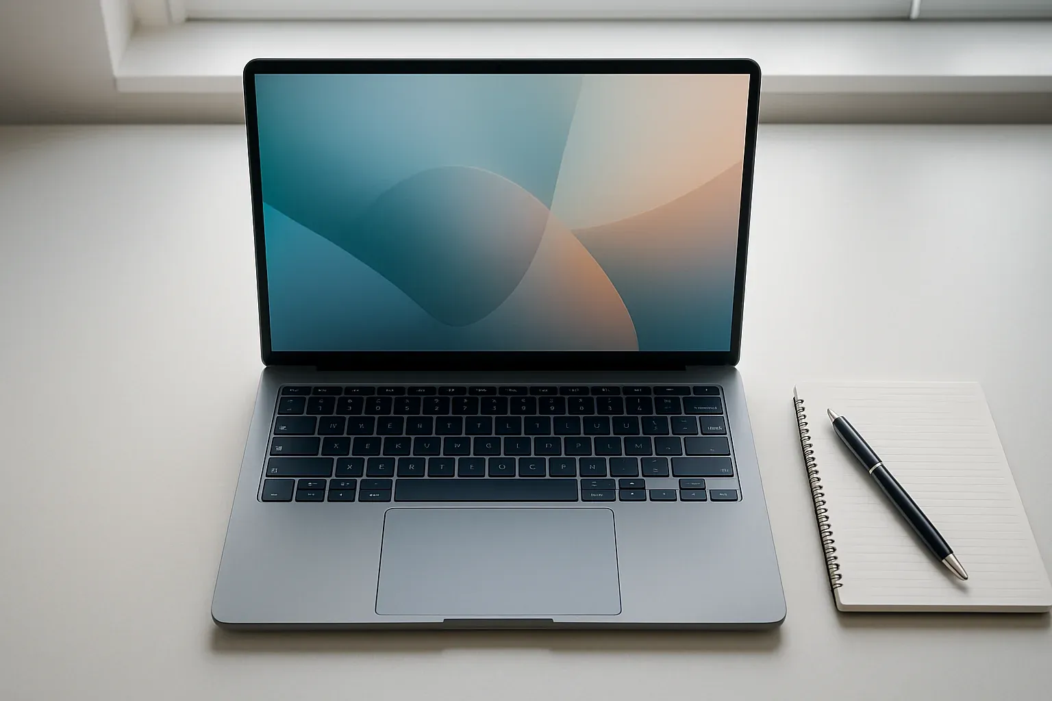 Modern laptop on white desk with abstract glowing screen