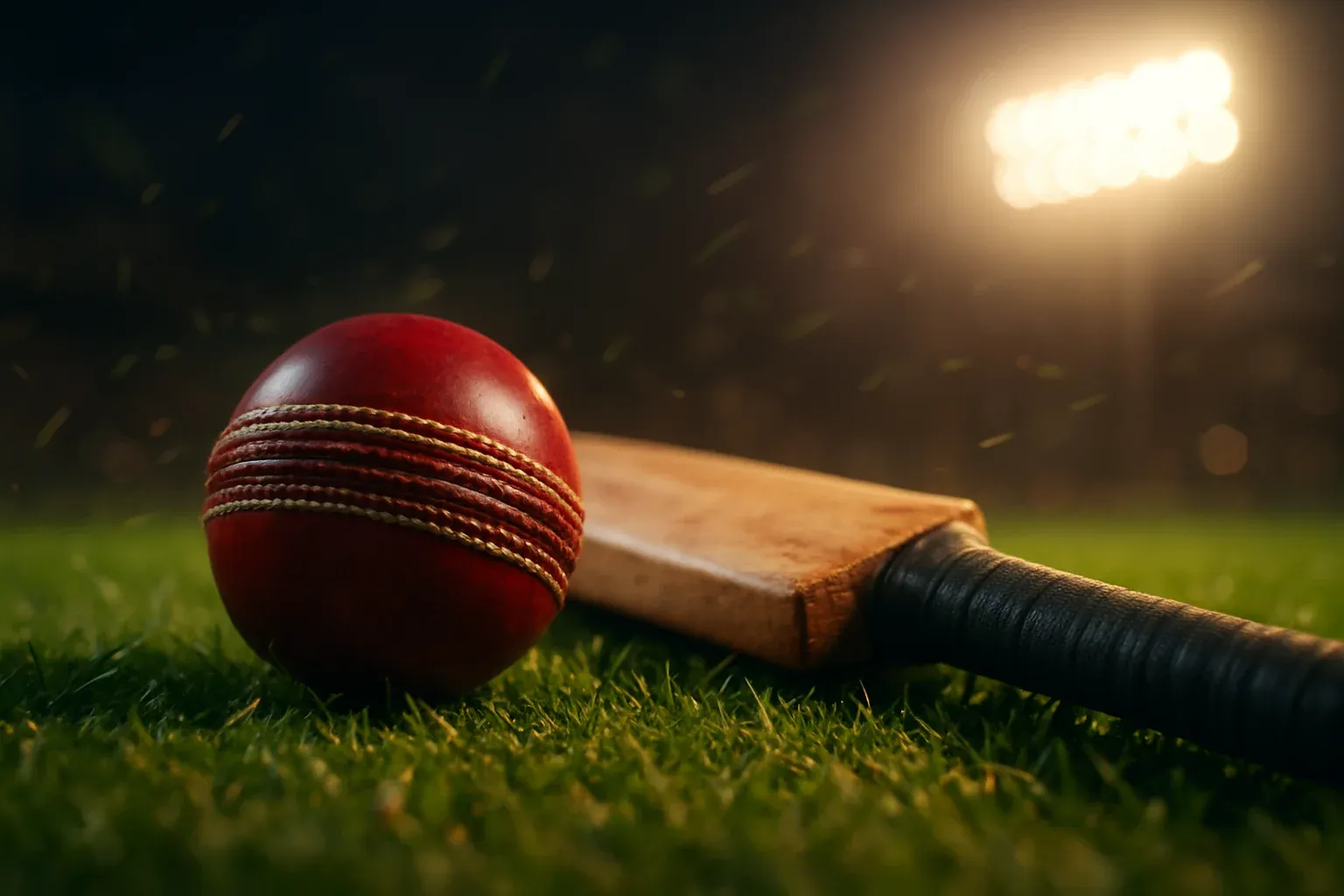 Cricket ball and bat on green turf under stadium floodlights