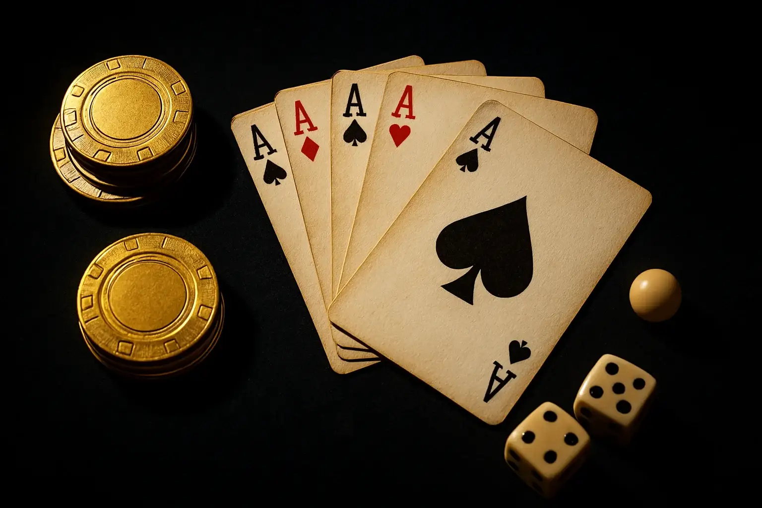 Top-down casino scene with chips, cards, dice, and roulette ball