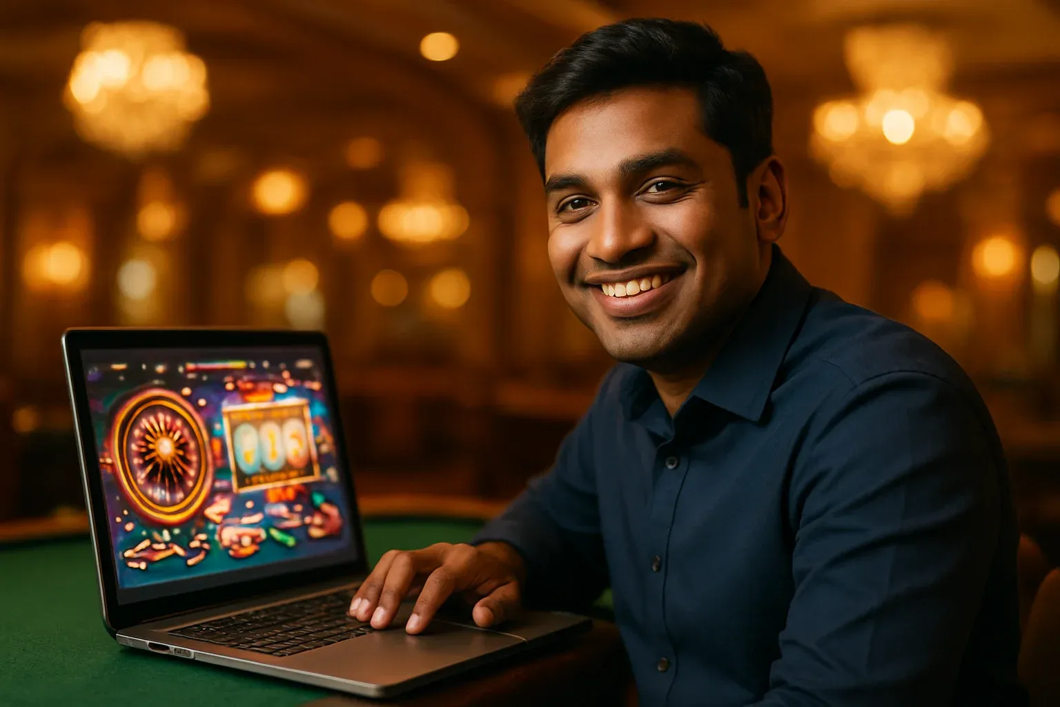 Cheerful Bangladeshi man with open laptop at premium casino lounge