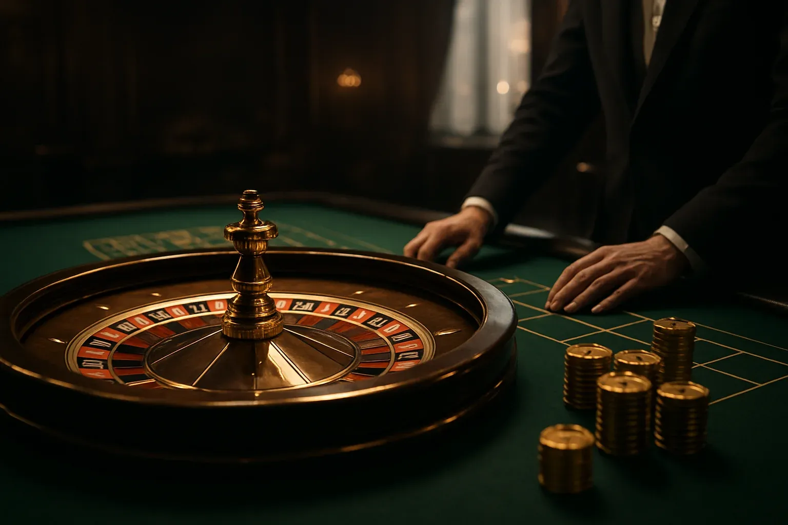 Elegant live casino roulette table with dealer hands and golden chips