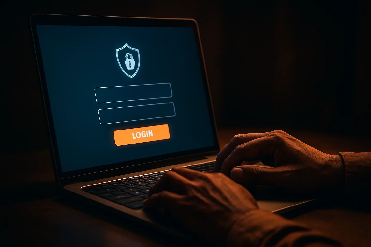 Bangladeshi man's hands on laptop showing stylized login form