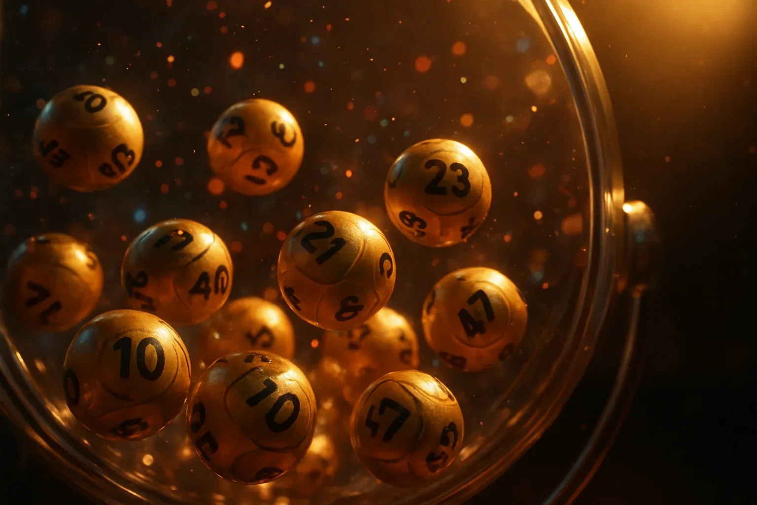 Glowing golden lottery balls tumbling inside transparent draw machine
