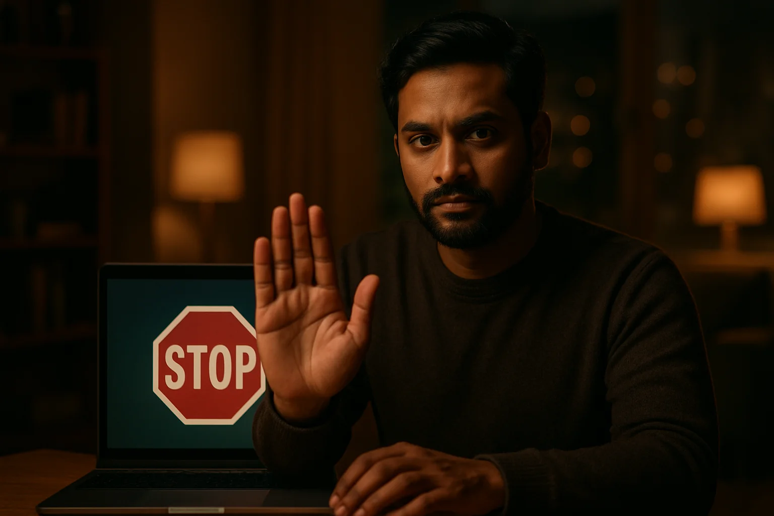 Bangladeshi man shows stop gesture beside laptop with responsible gambling screen