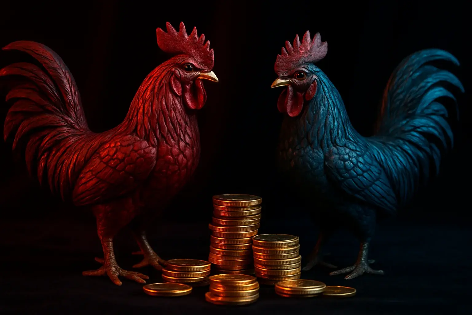 Decorative fighting-rooster figurines with casino chips on dark velvet surface