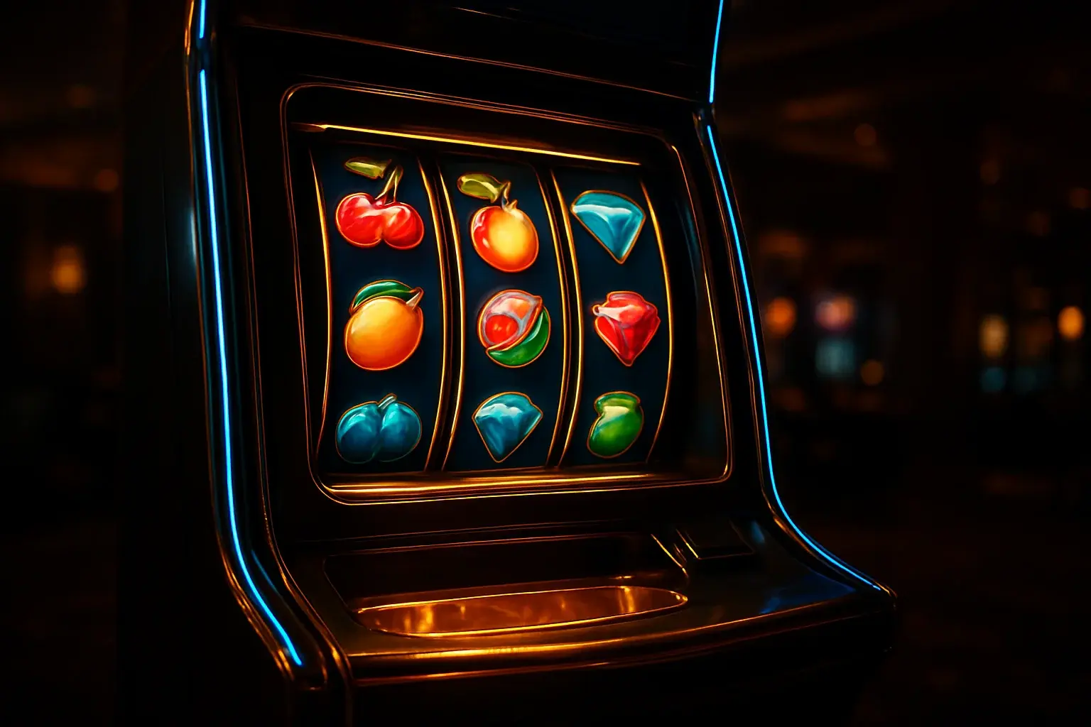 Hyperrealistic premium slot machine with glowing reels in luxury casino